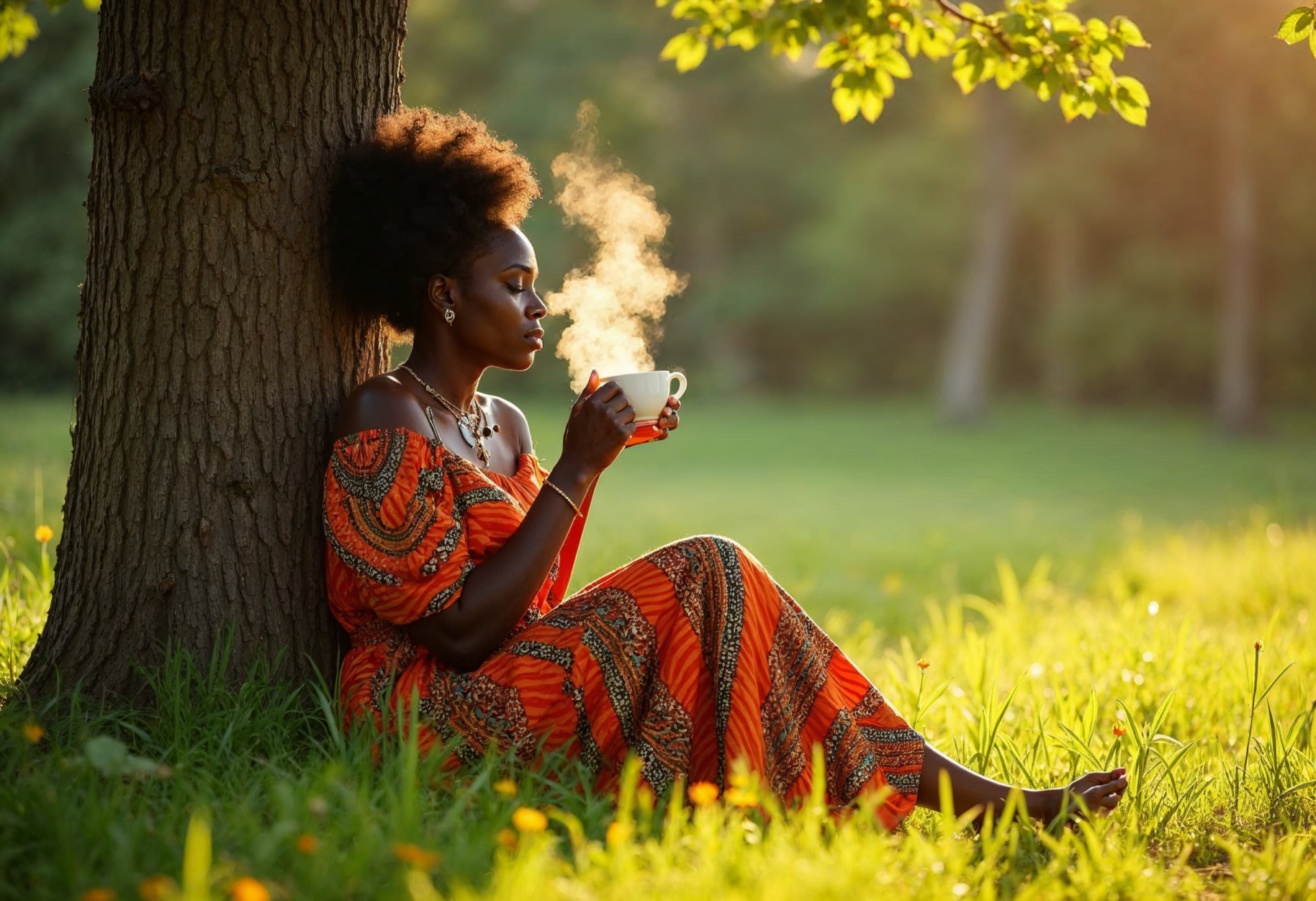 une-femme-assise-contre-un-arbre-qui-boit-une-tasse-de-the